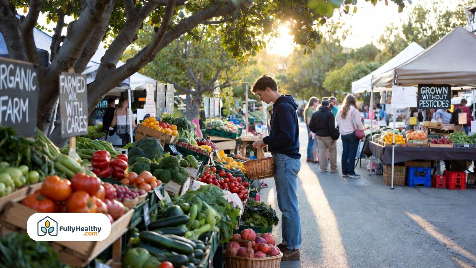 Shopper selecting fresh vegetables at outdoor farmers market with organic produce displays