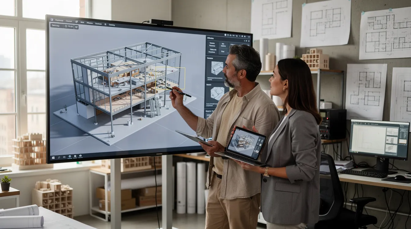 In einem modernen Studio überprüfen Architekten konzentriert ein detailliertes digitales Gebäudemodell auf einem großen Bildschirm und nutzen BIM-Software, um das Projektmanagement zu verbessern und den Entwurfsprozess zu optimieren. Diese kollaborative Umgebung zeigt die Integration von Werkzeugen der künstlichen Intelligenz, die eine verbesserte Entscheidungsfindung und effiziente architektonische Arbeitsabläufe ermöglichen.