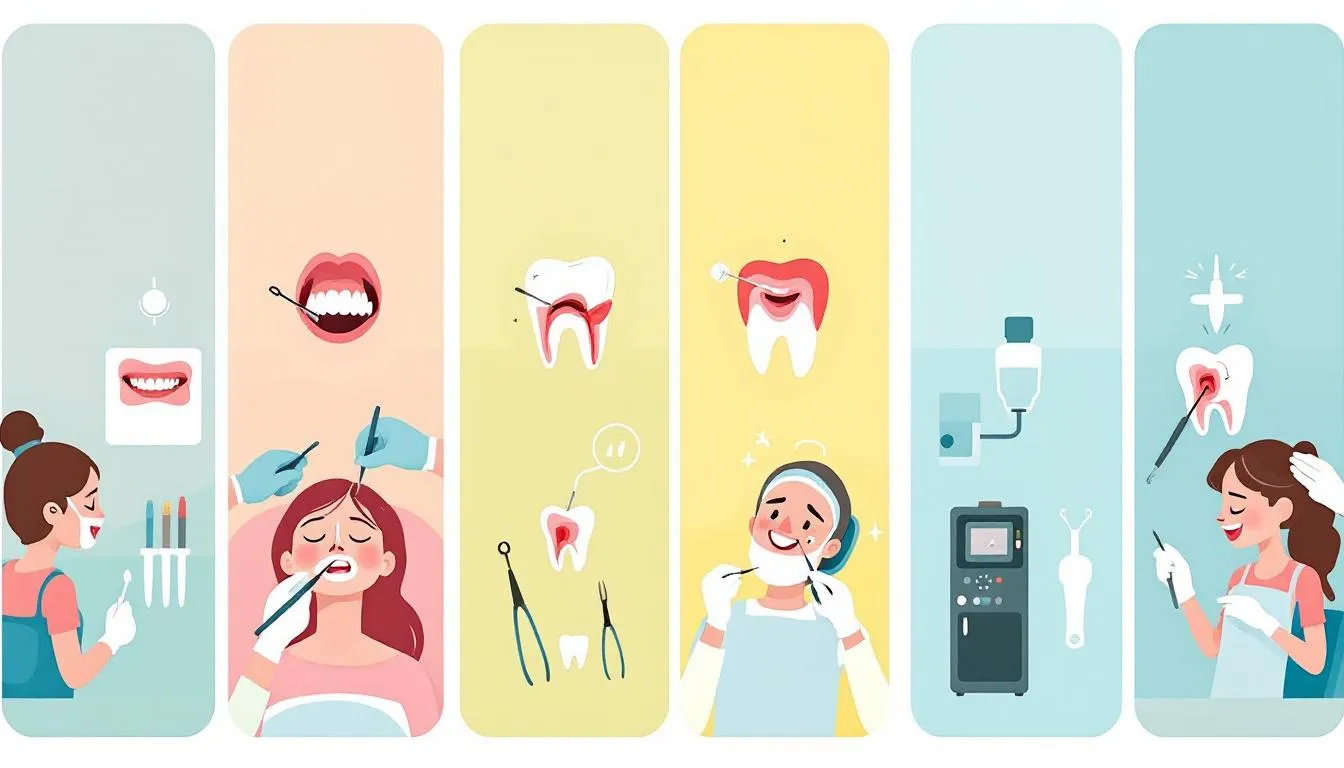 Various types of dental extractions being performed in a clinic.
