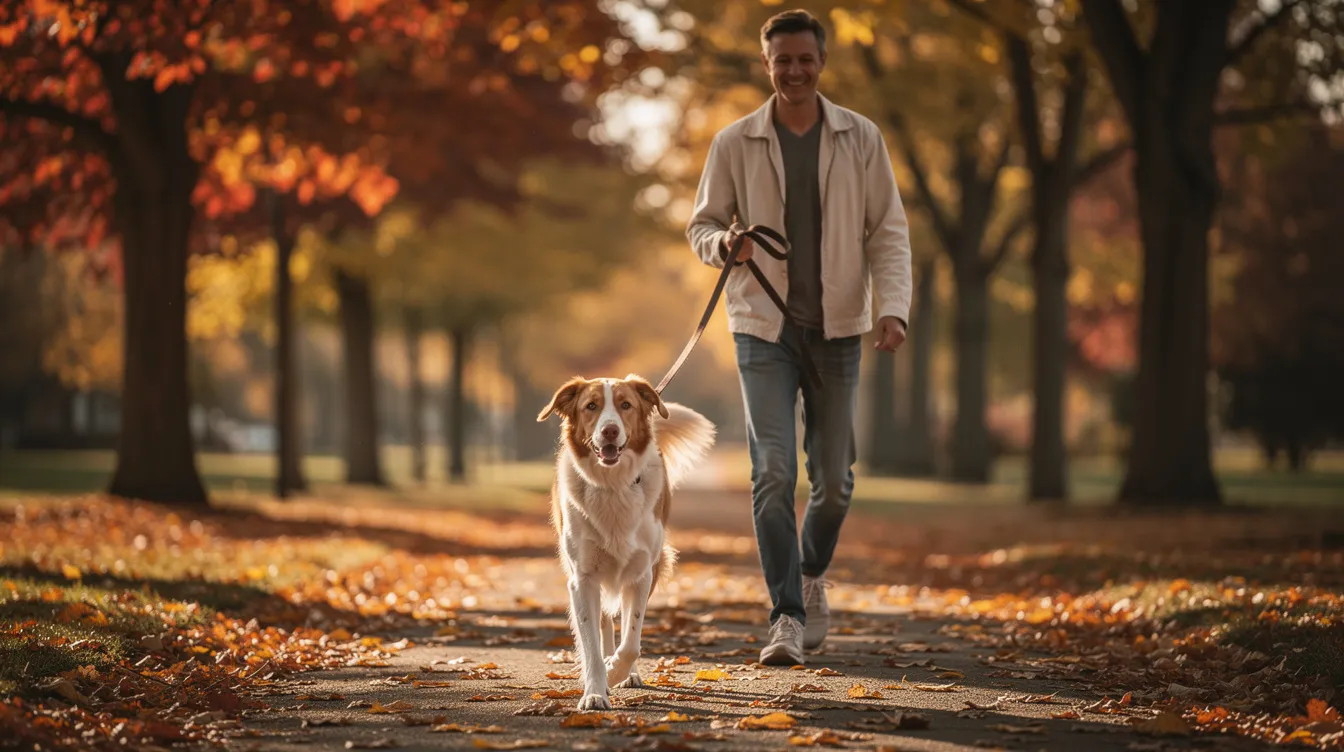 A calm dog walks on a lead alongside its owner on a tree-lined path adorned with autumn leaves, showcasing a peaceful outdoor scene. This image highlights the importance of joint health for dogs, particularly in maintaining mobility and supporting healthy cartilage as they age.