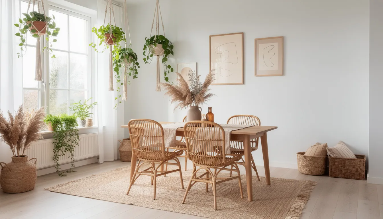 Een lichte eetkamer in bohemian stijl, ingericht met comfortabele rotan stoelen en hangplanten, geeft een natuurlijke uitstraling aan de ruimte. De combinatie van rotan meubels en andere natuurlijke accessoires creëert een sfeervolle en luchtige eethoek voor gezellige momenten met vrienden en familie.