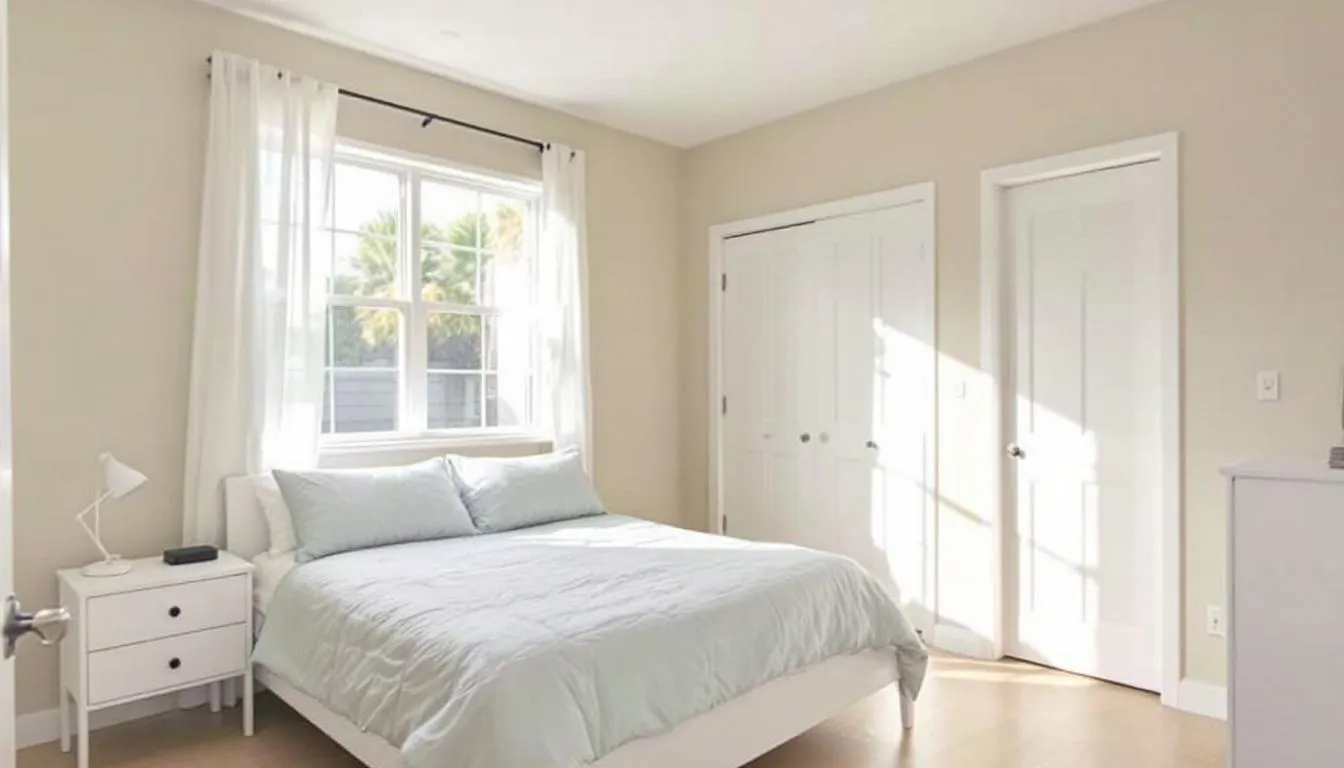 A clean Florida bedroom featuring a neatly made bed with fresh linens, tidy surfaces, and a scented candle on the nightstand, creating a welcoming atmosphere for overnight guests. The room is free of visible dirt and pet hair, ensuring a sparkling clean space for visitors to feel comfortable.
