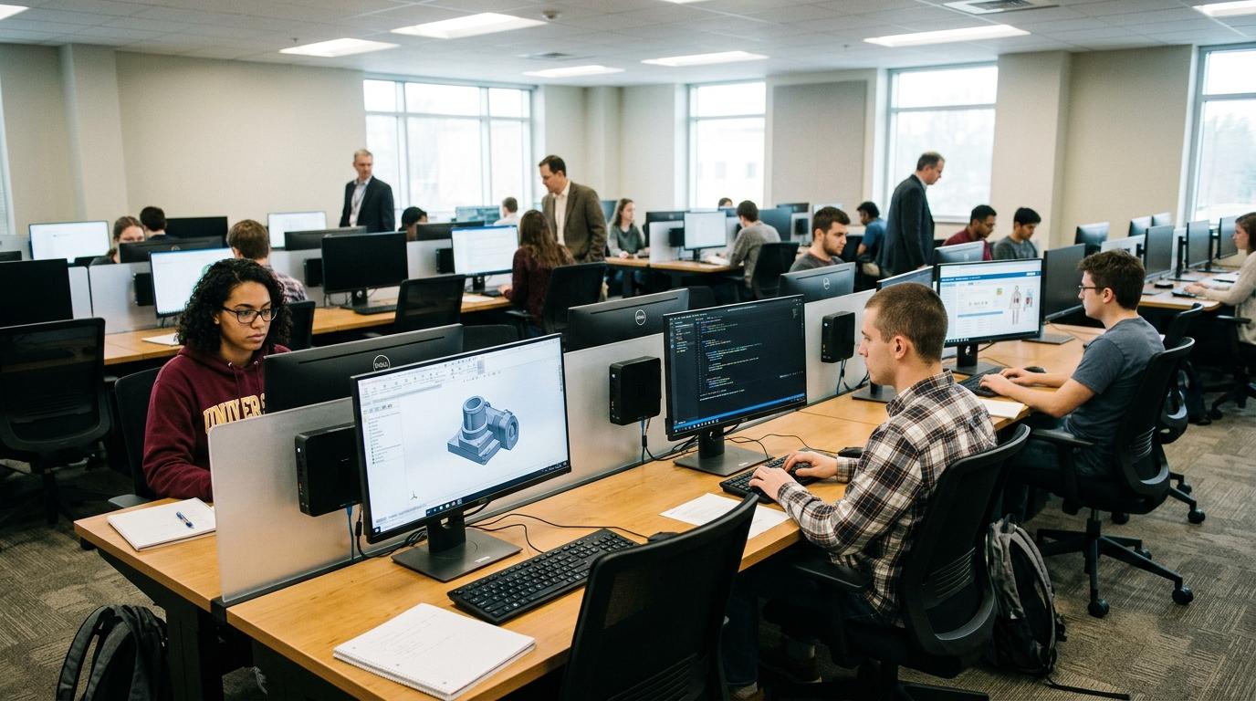University students completing practical software-based assessments using engineering, programming, and healthcare applications within secure cloud-hosted virtual desktops.