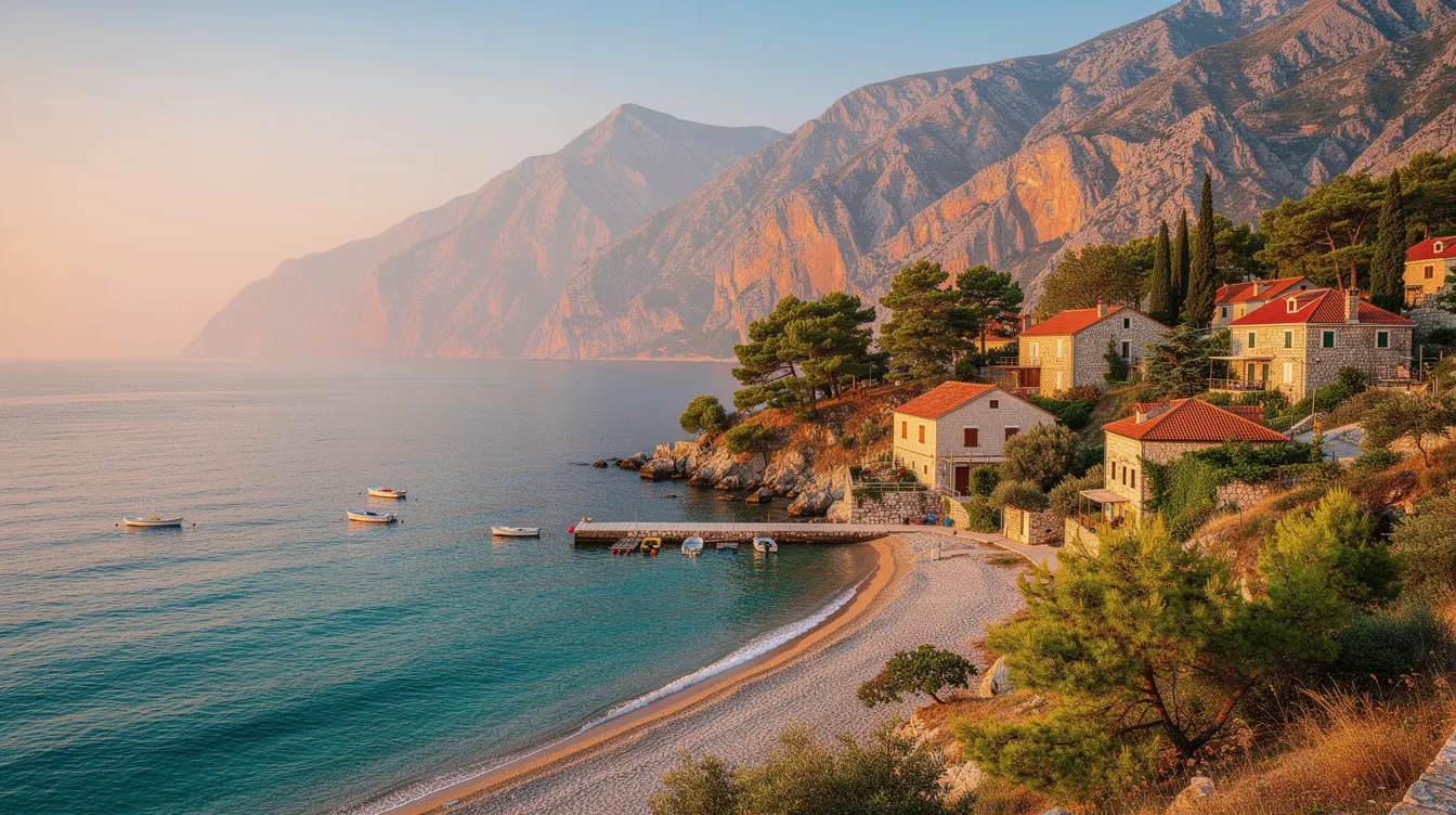 A imagem retrata uma bela paisagem de Montenegro no verão, com montanhas verdes e o mar Jônico ao fundo, criando um contraste vibrante. A cena evoca a tranquilidade e a beleza natural da região, ideal para uma viagem relaxante.