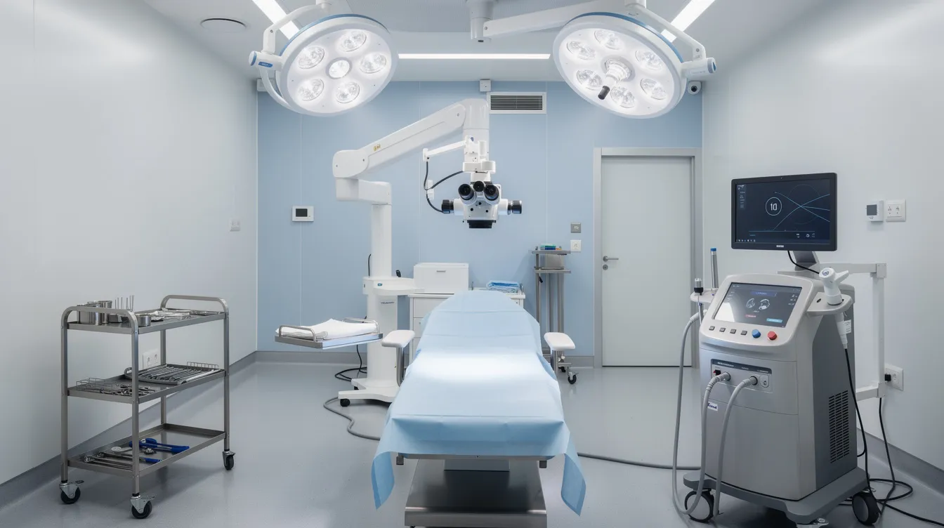 The image depicts a sterile ophthalmology operation theatre, featuring a surgical microscope and phaco machine, essential for performing cataract surgery. The well-lit environment ensures high standards of eye care services and patient safety during medical procedures.