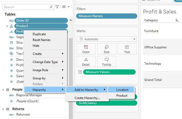 Forming hierarchies in Tableau