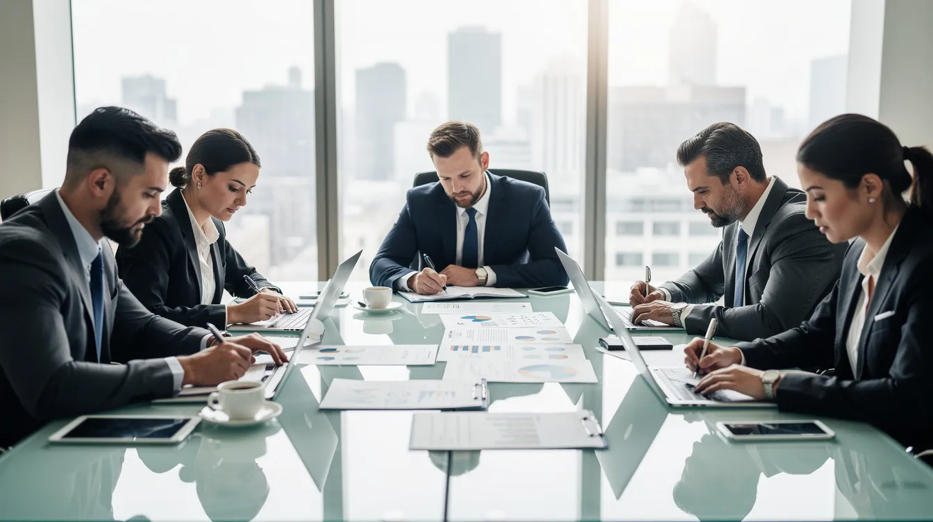 A group of professionals, including a startup attorney and members of a law firm, are gathered around a conference table, reviewing important documents related to business formation and corporate governance for emerging companies. They are engaged in discussions about legal issues, intellectual property protection, and the right business structure for their startup clients.