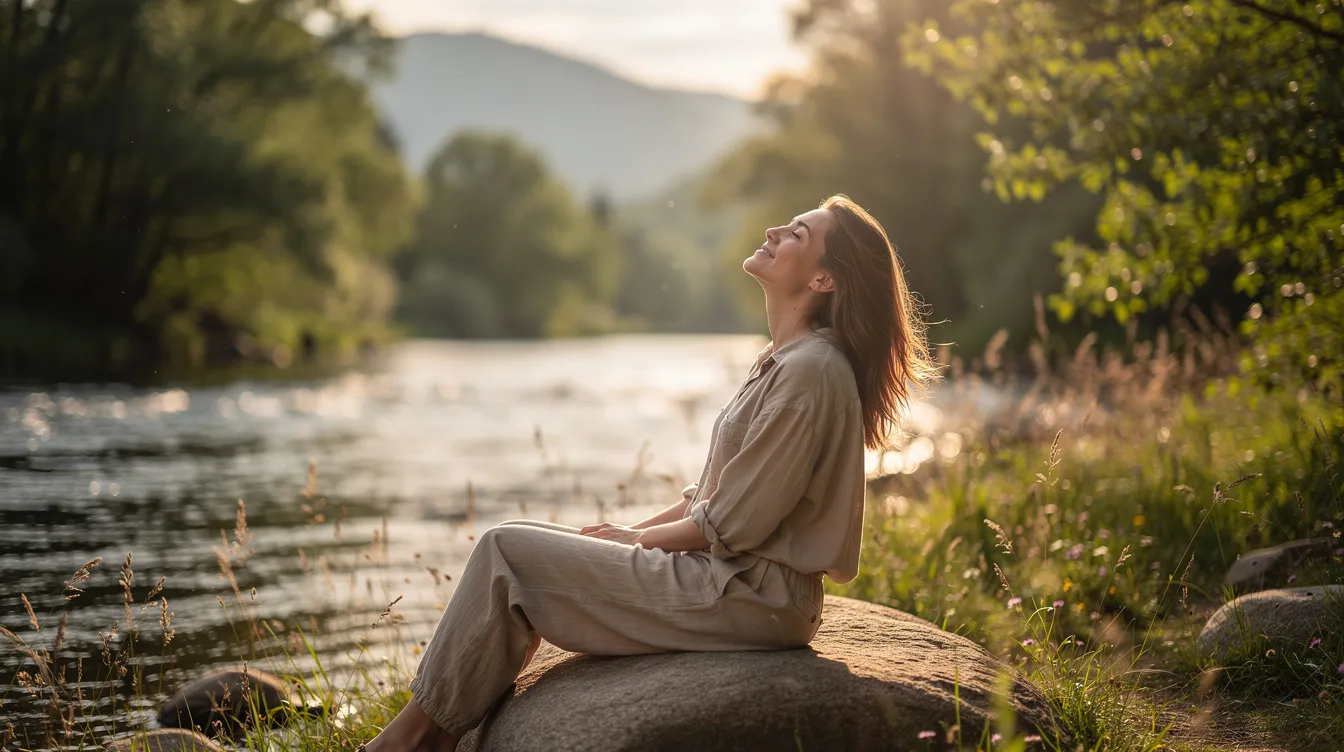 Une femme est assise en position de détente dans un environnement naturel apaisant, entourée de verdure et de fleurs. Son expression sereine évoque un moment de bien-être, loin des douleurs et des complications liées au syndrome des ovaires polykystiques (SOPK) et à d'autres troubles de santé.