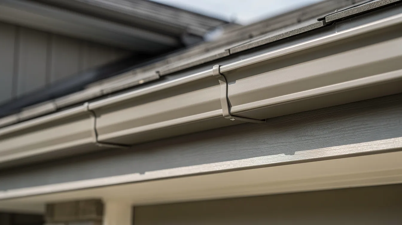 The image shows a close-up view of seamless aluminum gutters installed on a residential home, featuring clean lines and a color-matched finish that enhances the property's appearance. These gutters are essential for proper drainage, helping to protect the home from water damage and ensuring effective debris removal during routine maintenance.