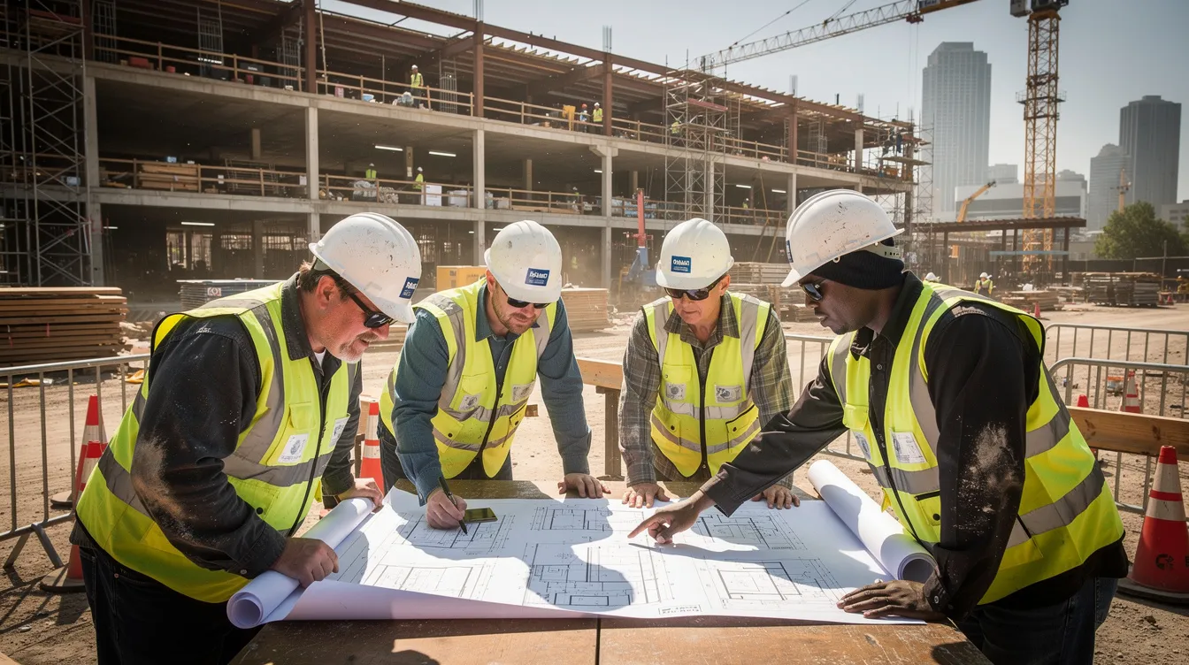 A group of construction workers is gathered at a commercial building site, intently reviewing blueprints and discussing the project's details. This scene highlights the importance of proper planning and the role of construction bonds, such as performance and payment bonds, in ensuring project success and protecting project owners.