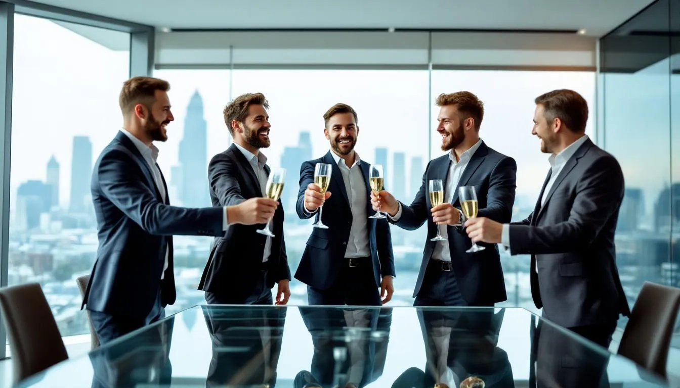 In a modern conference room, a diverse business team is joyfully celebrating their success, showcasing a strong company culture and teamwork. Their achievement reflects the impact of a successful leadership development program, emphasizing the importance of effective leadership and continuous learning in fostering future leaders.