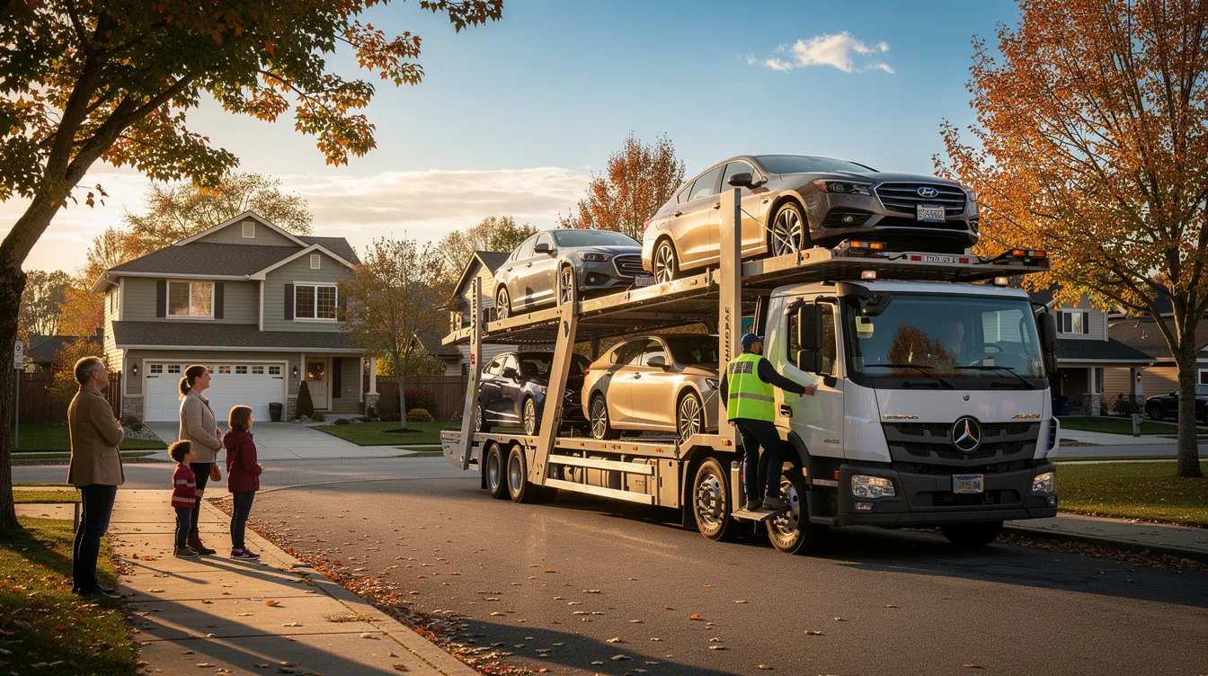 A car transport truck is arriving in a residential neighborhood, ready to deliver vehicles as part of its car shipping services. This scene highlights the convenience of auto transport companies that provide reliable delivery to homes.