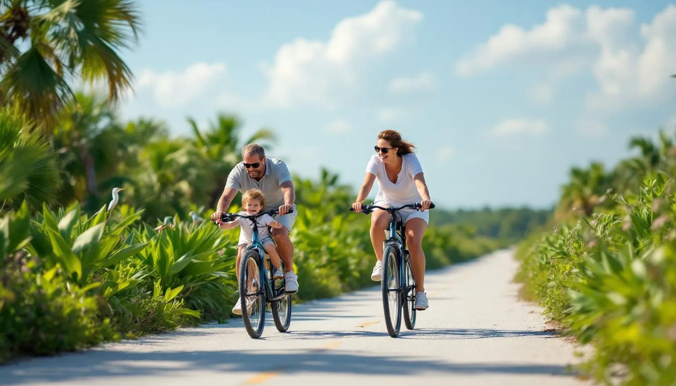 A family enjoys cycling on the scenic bike trails of Sanibel Island, surrounded by lush tropical vegetation and diverse wildlife. This picturesque setting highlights the beauty of Sanibel's protected conservation land, perfect for those interested in exploring the island's natural paradise.