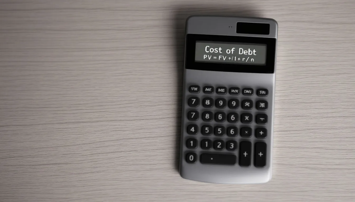 A calculator displays the phrase "Cost of Debt" prominently in the formula bar, suggesting it is being used to calculate various aspects of debt financing, such as interest expenses and tax savings. The calculator represents a tool for analyzing a company's cost of debt, incorporating factors like the average interest rate and effective tax rate. Risk free rate