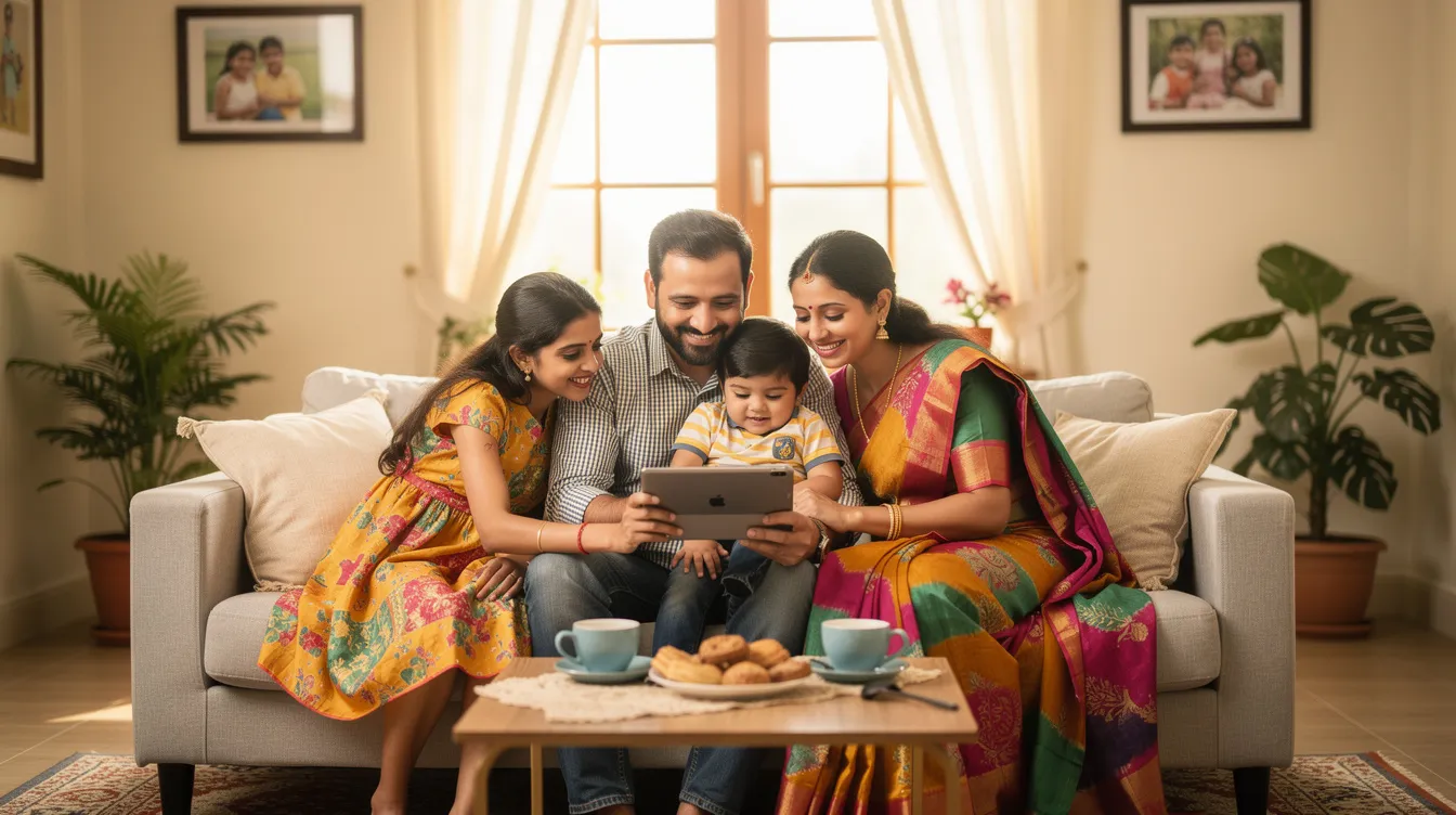 A joyful Indian family is gathered in a bright living room, happily receiving a video call on a tablet. The scene captures their excitement and connection, highlighting the importance of communication in today's world, much like the services offered by Kotak Mahindra Bank for international money transfers.