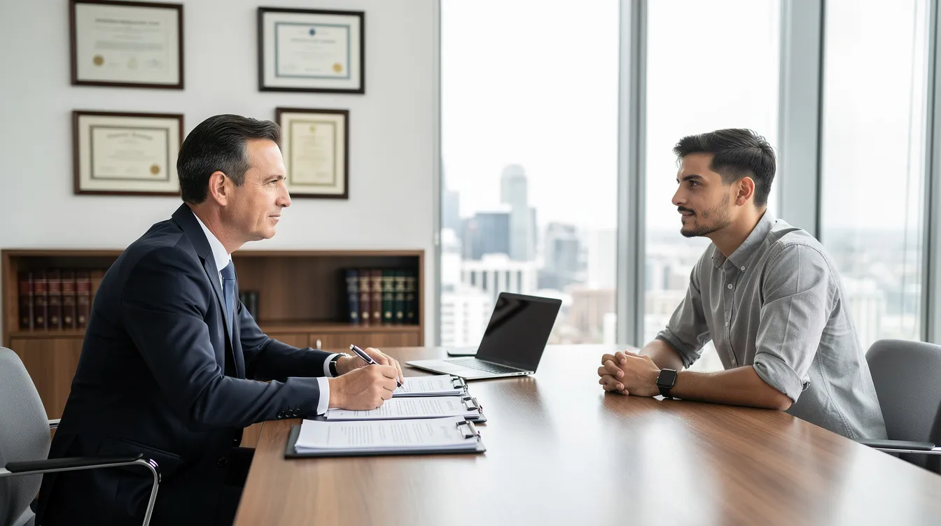 A professional attorney is meeting with a client in an office, discussing the details of a workers compensation claim related to a workplace injury. The attorney provides legal support and guidance on how pre-existing conditions may affect the client's ability to receive fair compensation for their medical treatment and lost wages.