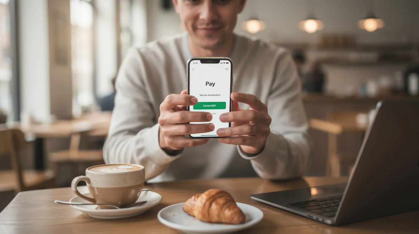 A person is sitting at a café, using a smartphone to complete a digital transaction, possibly related to applying for a "免 tu 貸款" or checking their financial status. The scene captures the convenience of online transactions in everyday life.