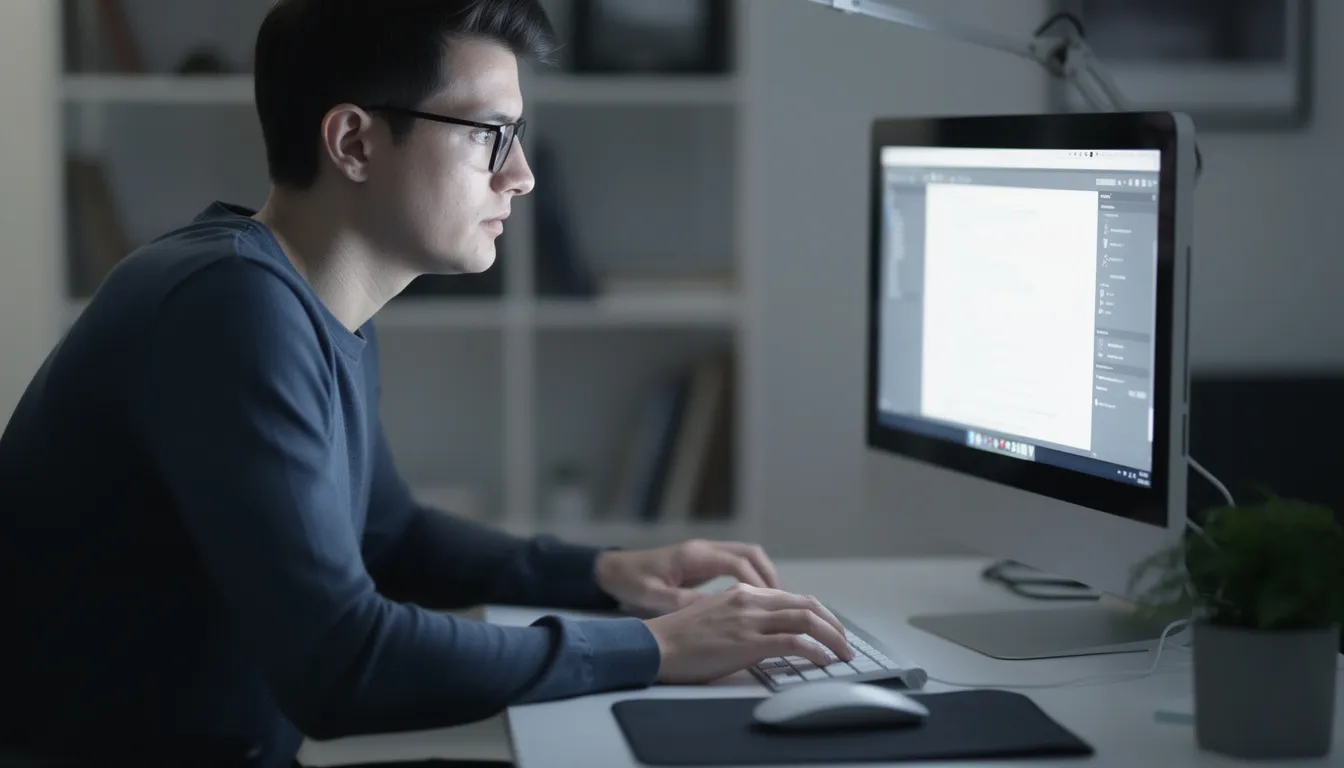 En person sitter vid en dator och ser fokuserad ut medan de tittar på skärmen, troligen i jakt på information om internationella lotterier som Mega Millions och EuroMillions. Denna koncentration kan tyda på att de vill spela ansvarsfullt och utforska möjligheter till större vinster hos Thelotter Sverige.