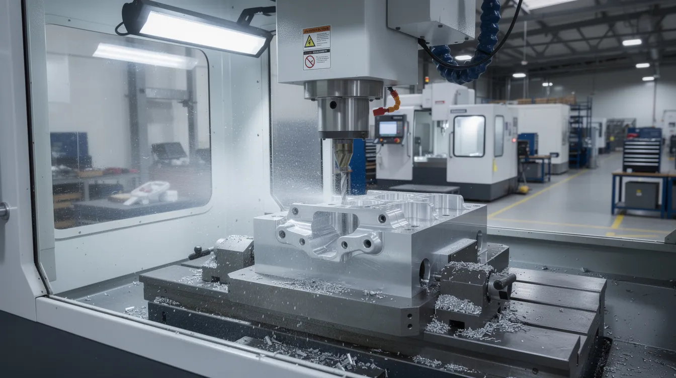 A CNC machine is actively producing an aerospace bracket from a solid block of aluminum in a modern factory environment, showcasing the precision and efficiency of CNC machining services. The scene highlights the advanced manufacturing process and the use of computer numerical control technology to create tight tolerances in custom parts for diverse industries.