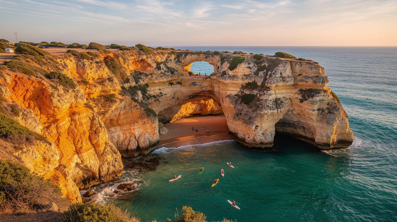 Imagem da Praia de Benagil, em Portugal, com suas características falésias e águas cristalinas. Barcos de passeio estão ancorados próximos à entrada da famosa Gruta de Benagil, um dos principais pontos turísticos da região do Algarve.
