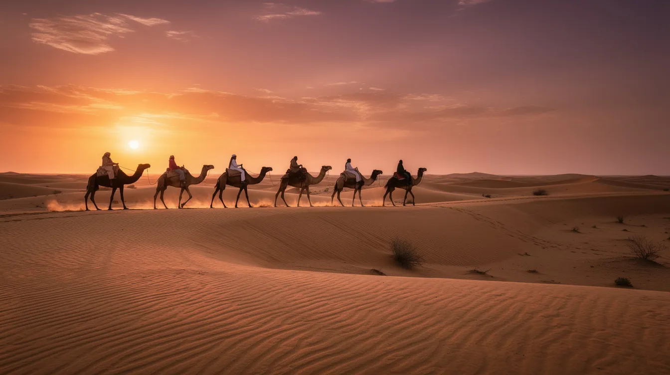 Dunas del Sáhara al atardecer con una caravana de dromedarios.
