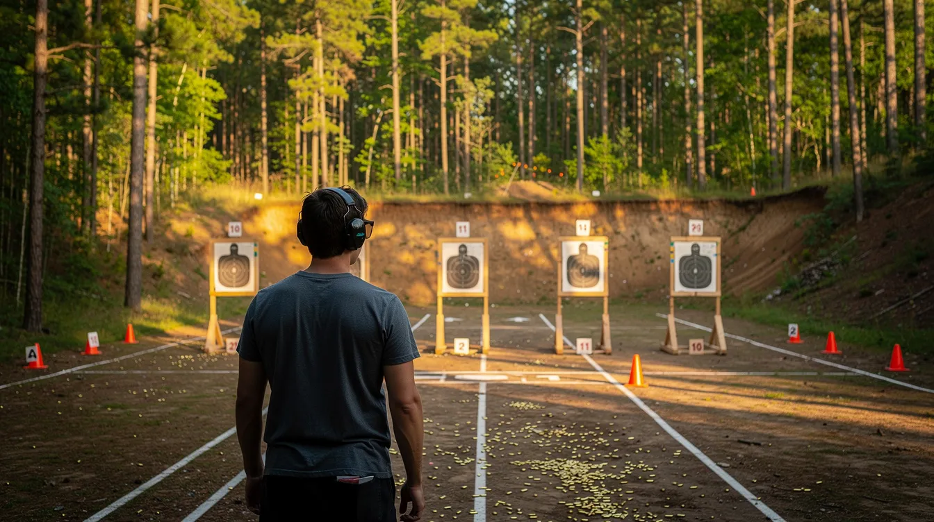 The image shows a person at an outdoor shooting range, surrounded by tall pine trees, practicing safe use of firearms. This setting reflects Minnesota's gun laws, emphasizing responsible gun ownership and training in a natural environment.