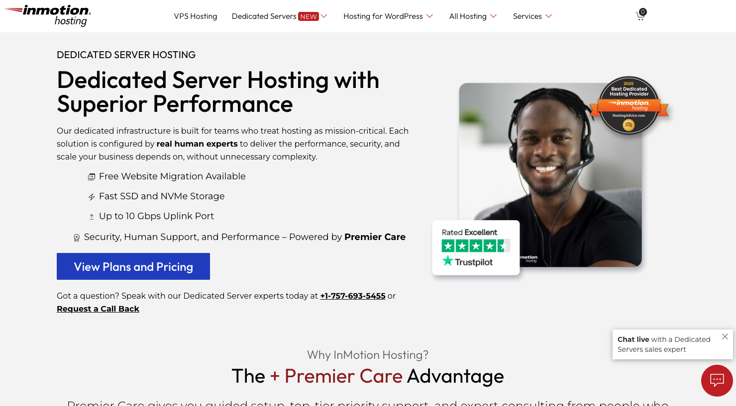 InMotion unmetered dedicated server pricing and configuration page