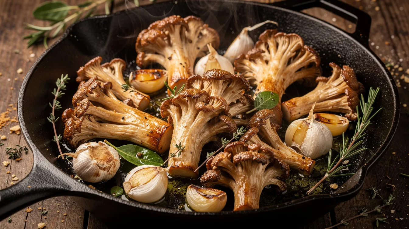 The image features golden-brown sautéed maitake mushrooms, also known as grifola frondosa, in a cast iron pan alongside garlic cloves and fresh herbs, highlighting their delicious appearance and potential health benefits. Maitake mushrooms are celebrated for their medicinal properties, including immune support and antioxidant compounds.