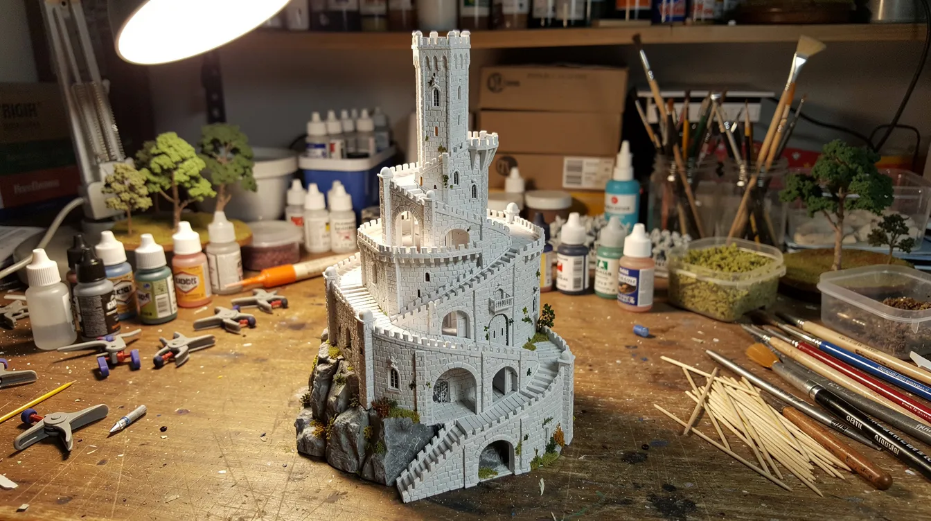 Das Bild zeigt ein detailliertes Miniaturmodell einer weißen mittelalterlichen Fantasy-Stadt mit mehreren Ebenen und einem hohen Turm, das auf einem großen Werkstatttisch liegt, umgeben von Werkzeugen. Diese Stadt erinnert an die fantastischen Welten aus "Der Herr der Ringe" und "Der Hobbit".