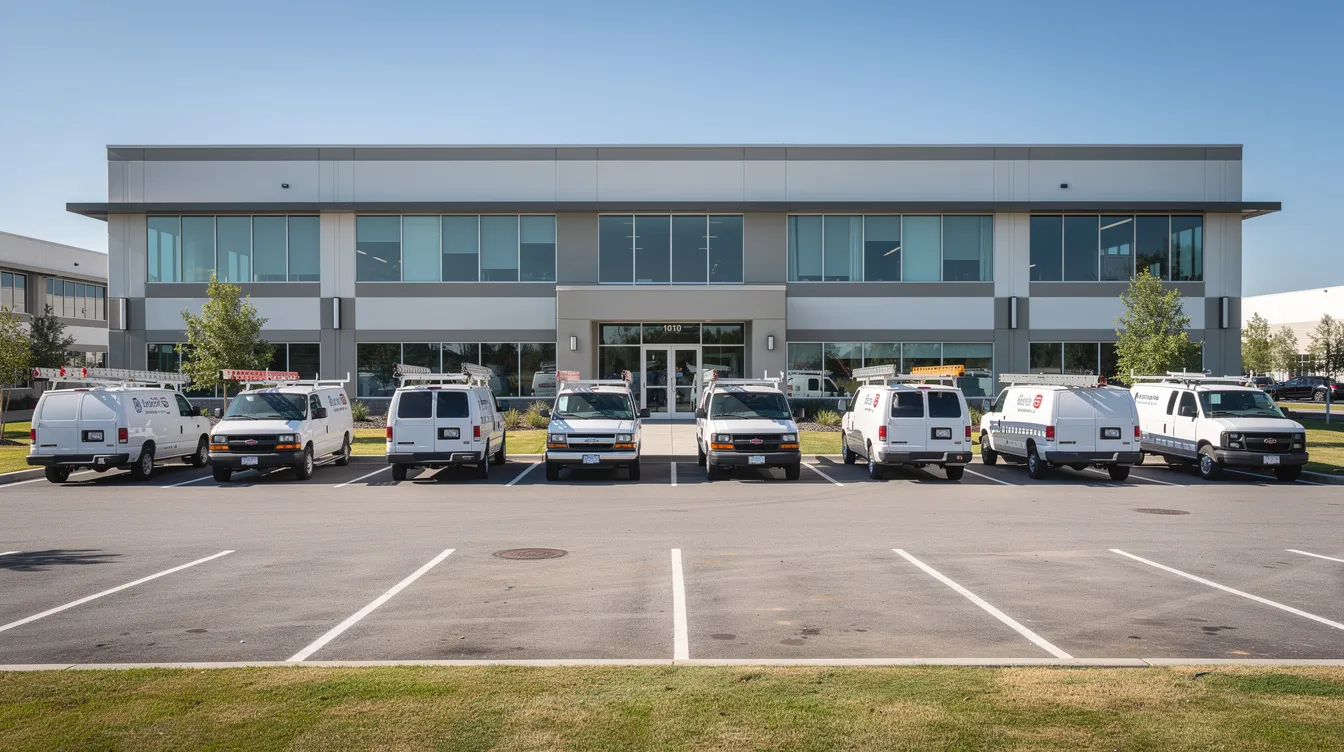 The image depicts the exterior of a commercial building, showcasing a well-organized parking lot filled with service trucks, indicative of day-to-day operations for a successful business venture. This scene highlights the entrepreneurial spirit and the infrastructure supporting small business owners in their pursuit of economic growth.