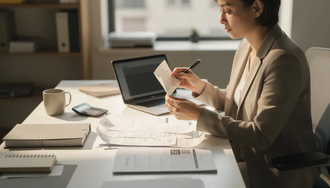 Une personne est assise à un bureau, examinant des documents et des reçus tout en utilisant un ordinateur portable. L'environnement évoque une ambiance de service client, où des informations importantes sont traitées pour répondre aux besoins des clients.