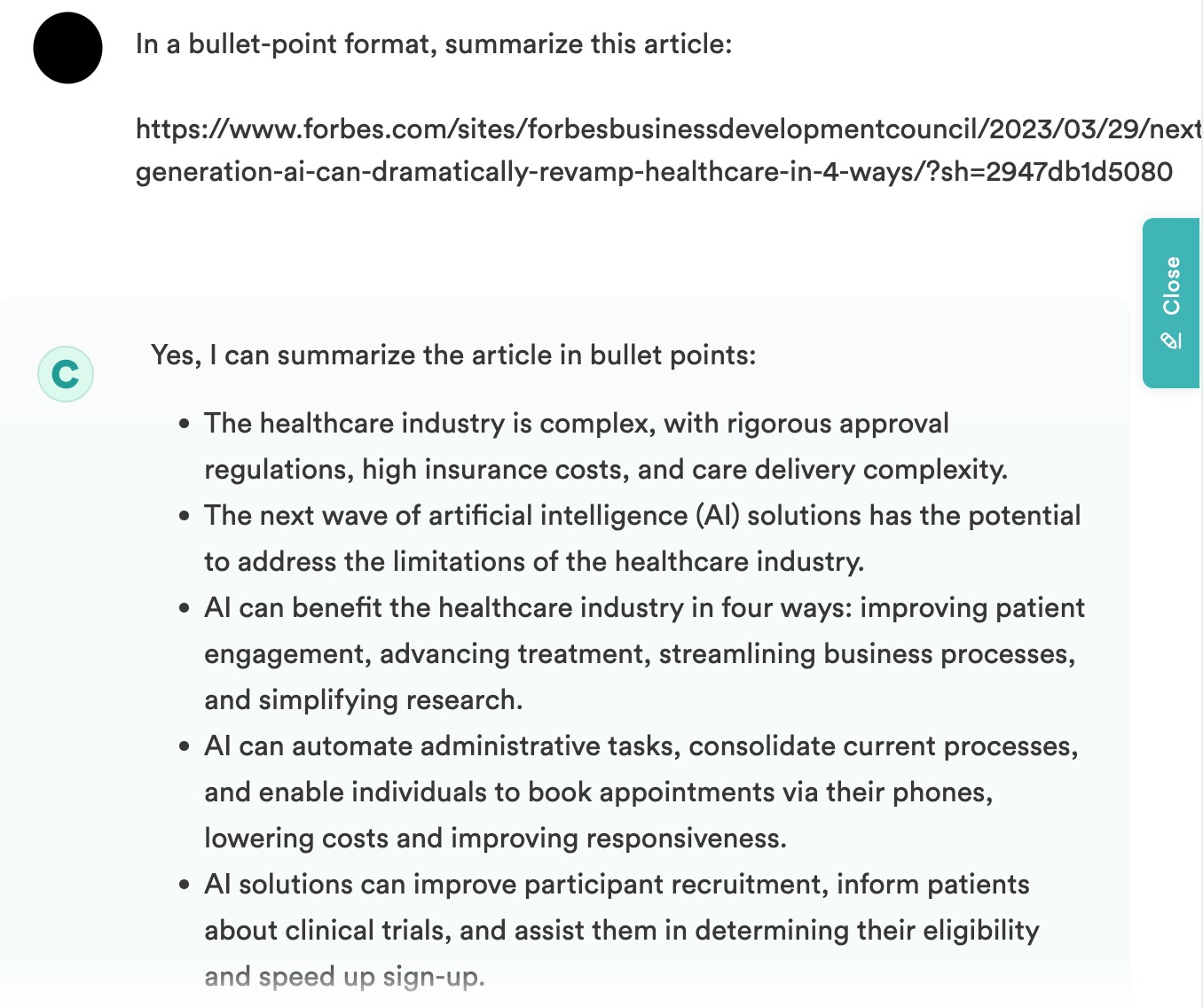 Copy.ai text summarization in a bullet-point format