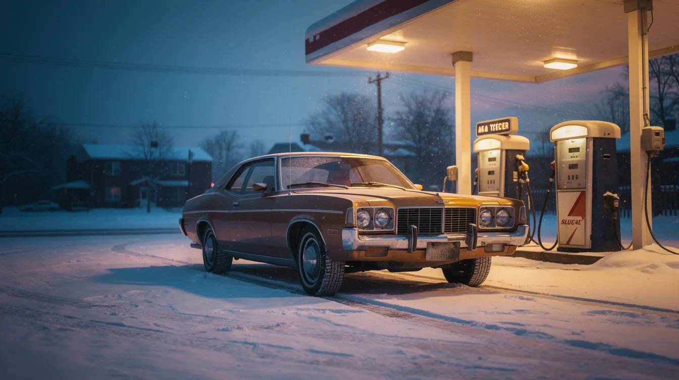 Ein Oldtimer aus den 1970er Jahren steht an einer verschneiten Tankstelle, während die Abenddämmerung beginnt. Das warme Licht der Zapfsäulen schafft einen schönen Kontrast zum kalten Blau des Winterhimmels und erinnert an die Atmosphäre von "Fargo".
