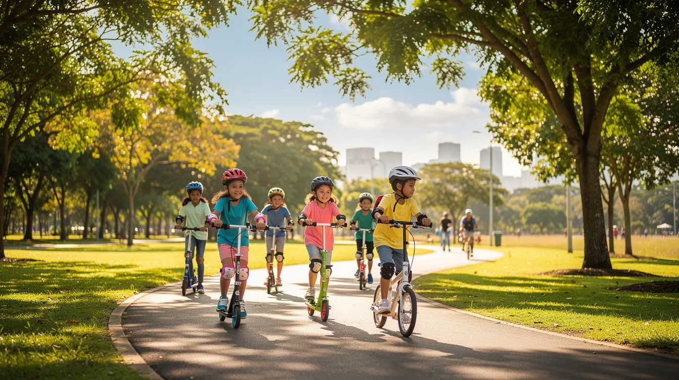 A group of children ride scooters along a tree-lined park connector path on a sunny morning, enjoying the holiday period and engaging in fun outdoor activities that help strengthen family bonds and develop essential motor skills. This vibrant scene captures the joy of spending time together as families maintain focus and creativity during school holidays.