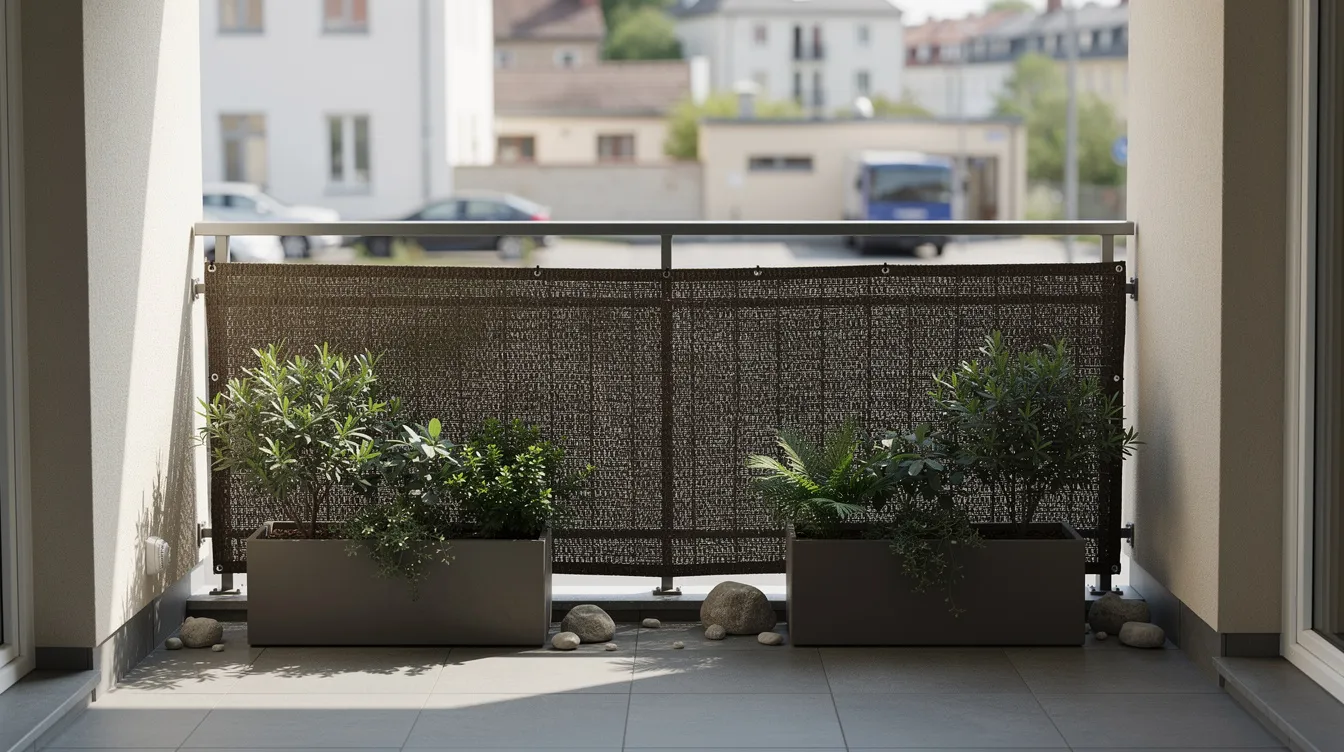 Na zdjęciu znajduje się balkon na parterze, na którym zamontowana jest mata technorattanowa na balustradzie, co stanowi estetyczną osłonę przed wzrokiem sąsiadów. Po bokach widoczne są donice z zielonymi roślinami, a w tle rozciąga się widok na ulicę.