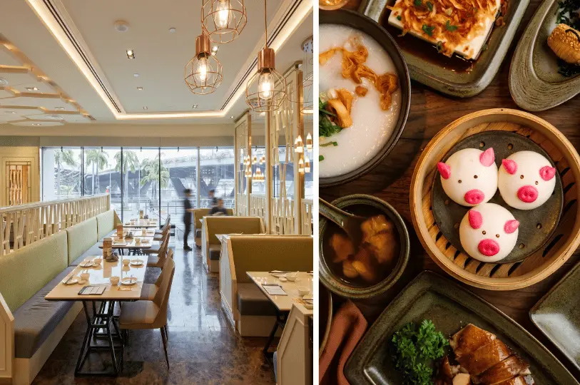 A split view featuring a bright, contemporary dining space with floor-to-ceiling windows and green booth seating on the left, and a table spread of Chinese cuisine including playful pig-shaped dim sum buns, congee, and roast meat on the right.