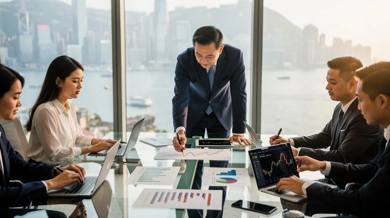 The image shows a group of professionals in a modern Hong Kong office, gathered around a conference table as they review financial charts and graphs. The atmosphere reflects a collaborative environment focused on business financing, likely discussing 中小企融資 and loan applications for small and medium enterprises.