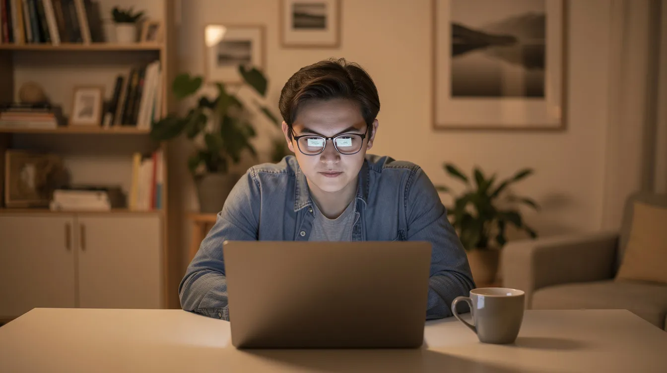 Eine Person sitzt in einer sicheren häuslichen Umgebung an einem Laptop und schaut konzentriert auf den Bildschirm, während sie möglicherweise Informationen zu Edelmetallen wie Gold und Silber recherchiert. Die Atmosphäre strahlt Sicherheit und Wert aus, was auf die hohen Sicherheitsstandards der Elementum International AG hinweist.