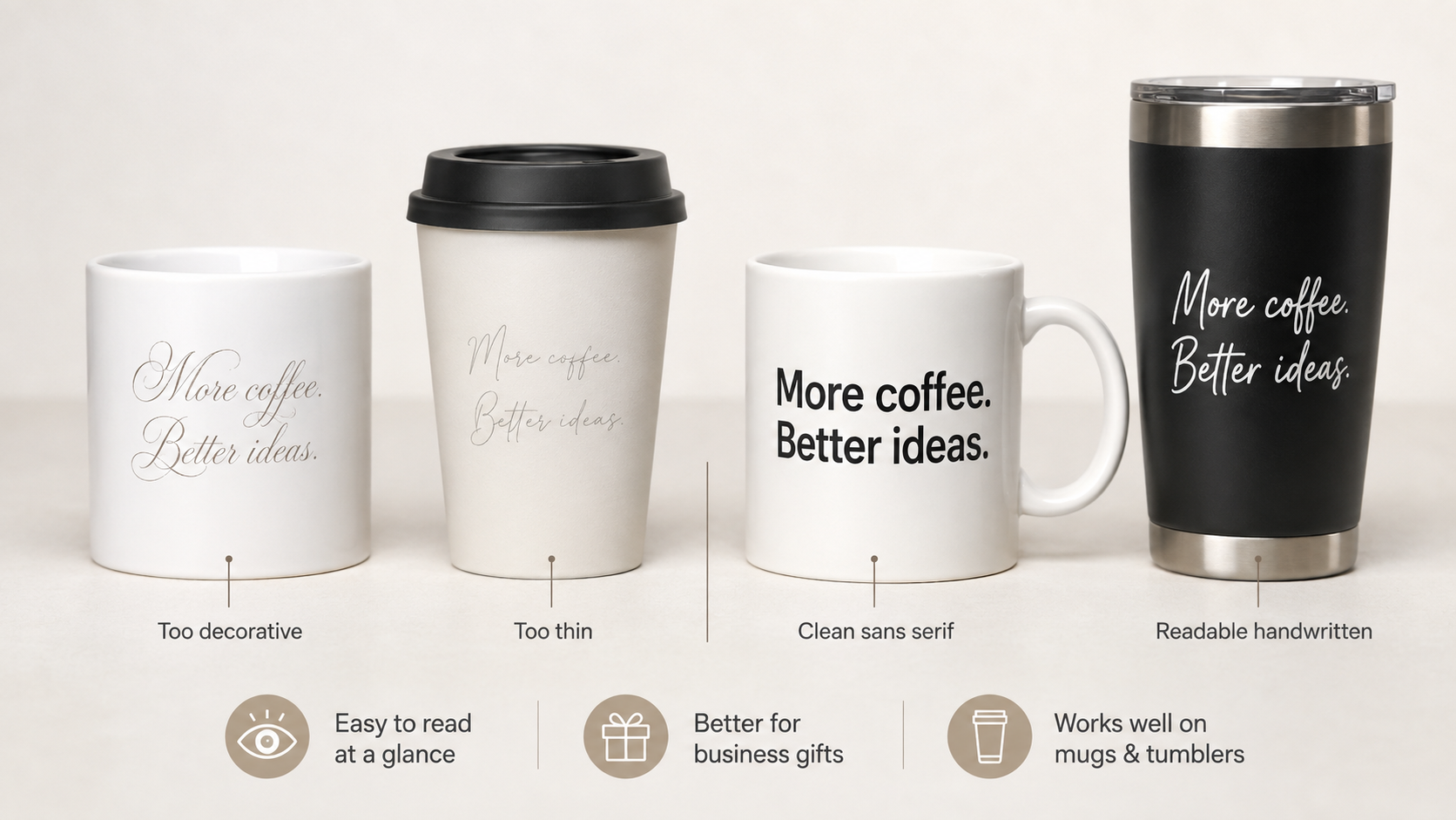 Readable coffee quote font styles compared on mugs and tumblers