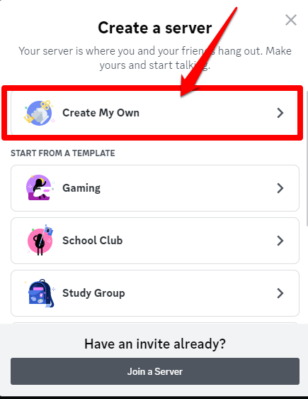 The create my own tab step in creating your Discord server