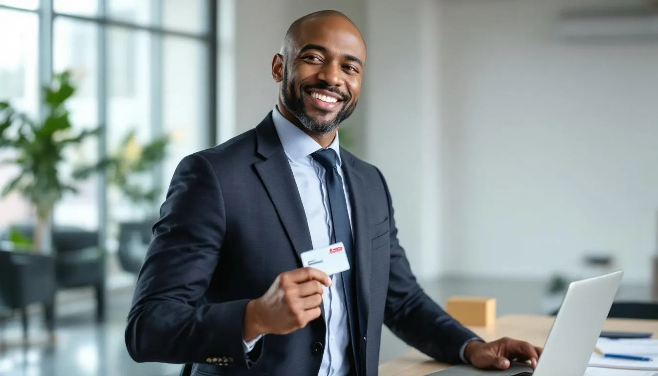A confident small business owner proudly displays their Costco business credit card, symbolizing their success and access to exclusive benefits like cash back rewards and no foreign transaction fees. The image captures the essence of entrepreneurship, highlighting the advantages of being a Costco member.