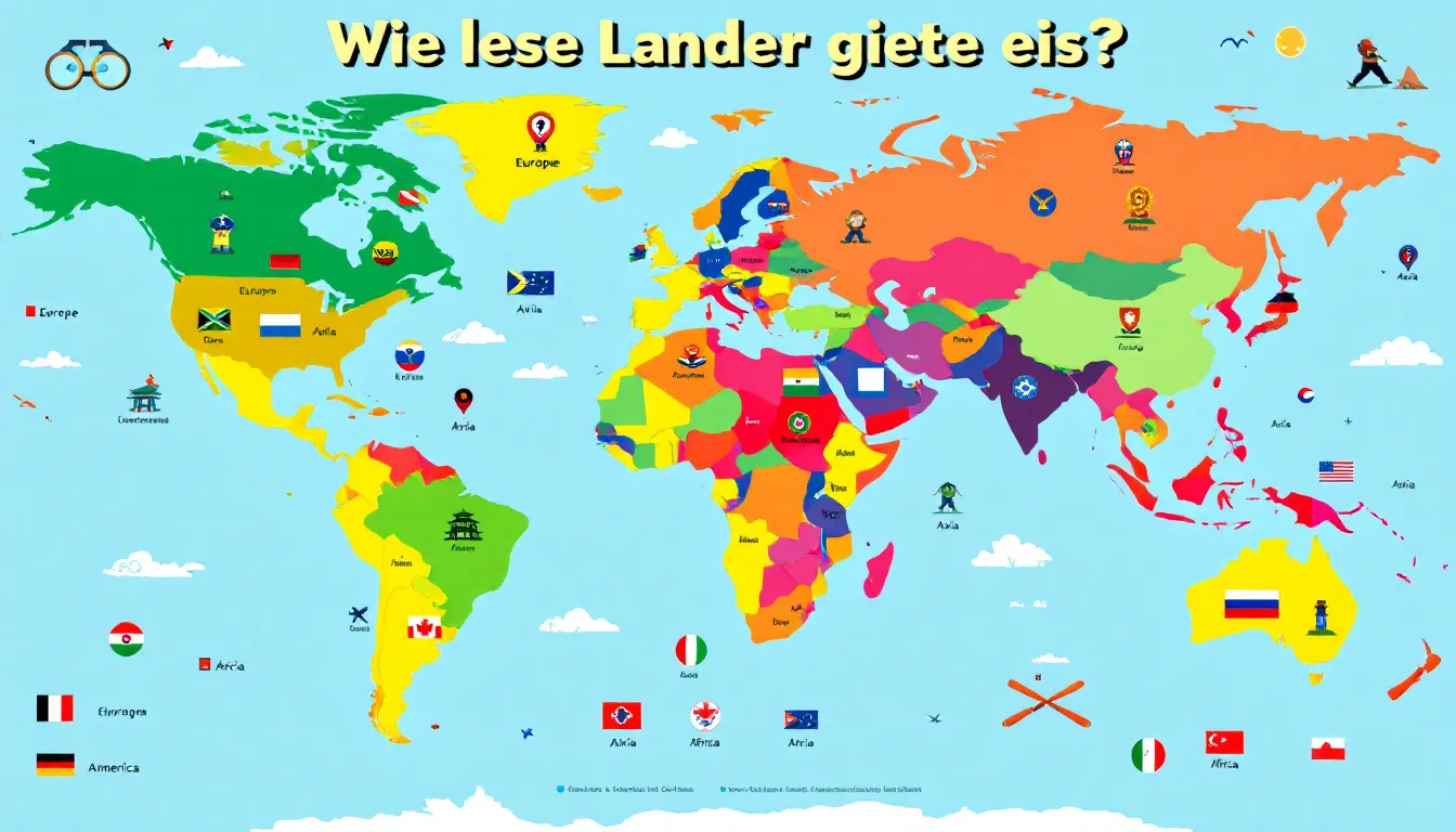 Eine Karte, die die geografische Verteilung der Länder zeigt, einschließlich der Frage 'Wie viele Länder gibt es?'.