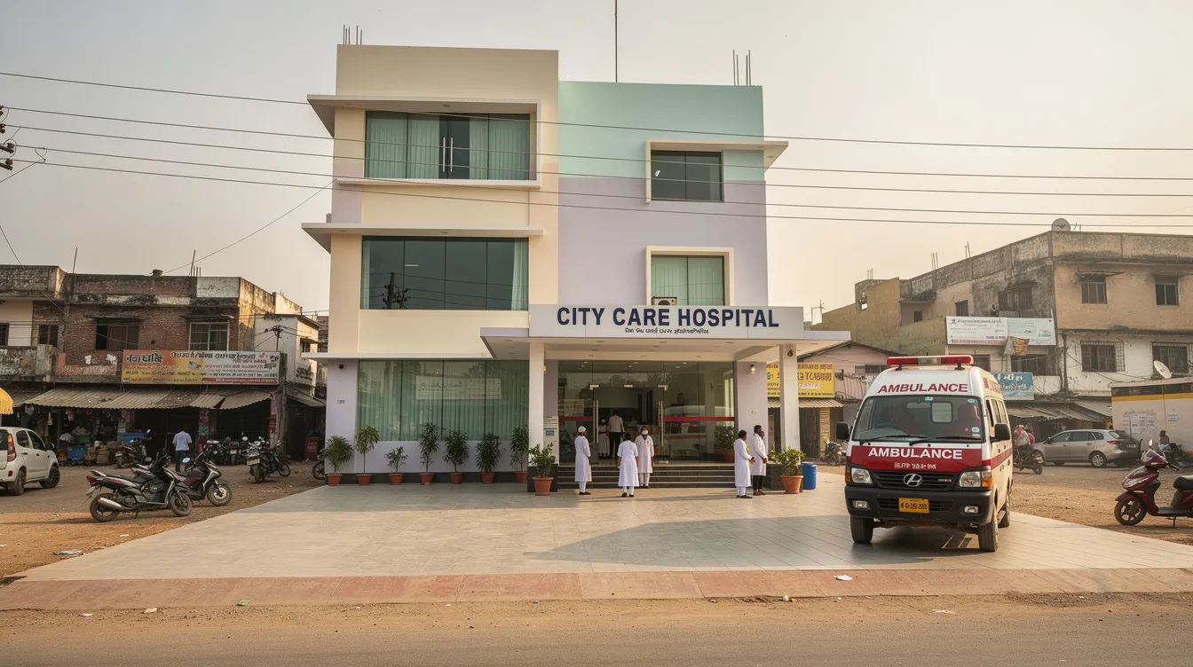 d057d4fd 29c5 4165 acc3 fb87657ed867 The image depicts a modern small hospital building situated in a semi-urban area of India, featuring a clean entrance and an ambulance bay, indicative of a well-planned healthcare facility. This new hospital is designed to enhance public health facilities and provide essential medical care to the local community.