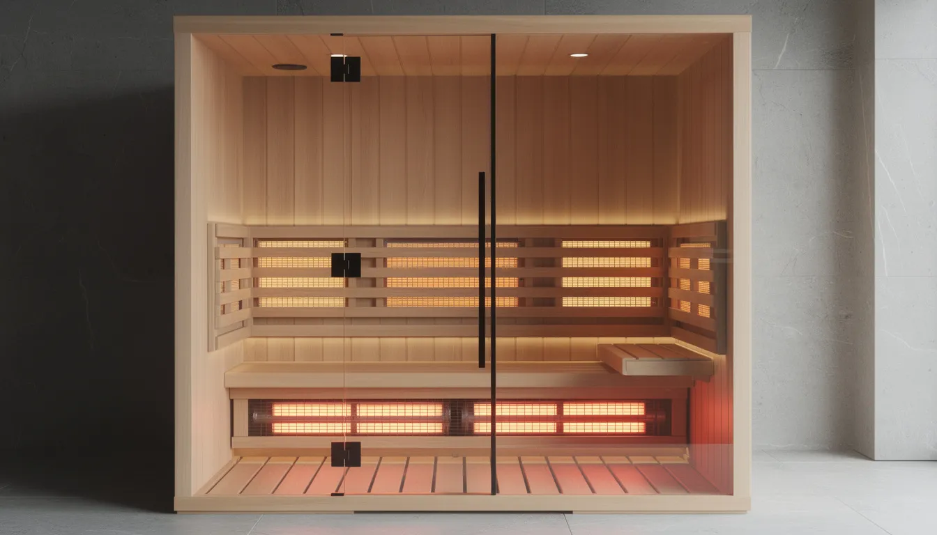 The image features a modern infrared sauna cabin with a glass door and a warm wood interior, designed for relaxation and health benefits. Unlike traditional Finnish saunas that use intense heat, this infrared sauna utilizes gentle heat from infrared heaters, promoting improved cardiovascular health and muscle recovery during sauna sessions.