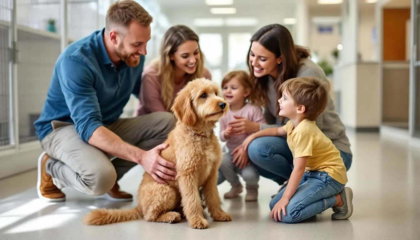 A family is joyfully interacting with a miniature goldendoodle at an adoption center, showcasing the dog