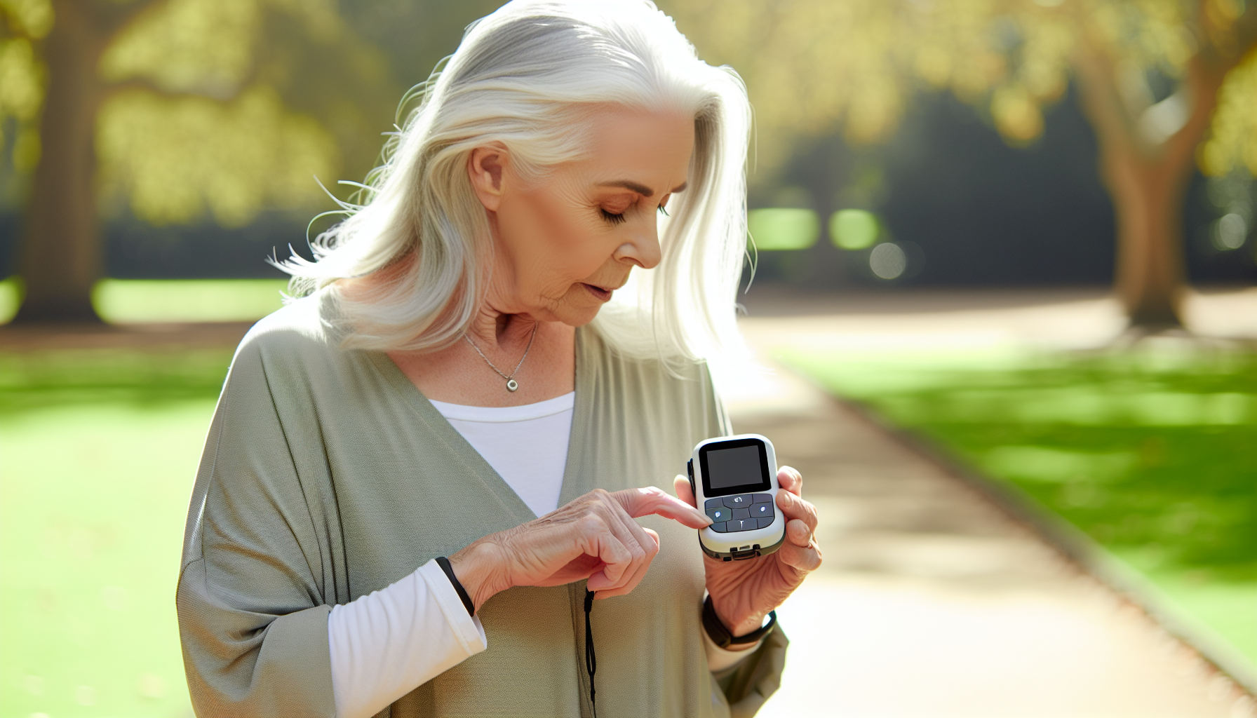 Senior woman using a mobile medical alert device outdoors
