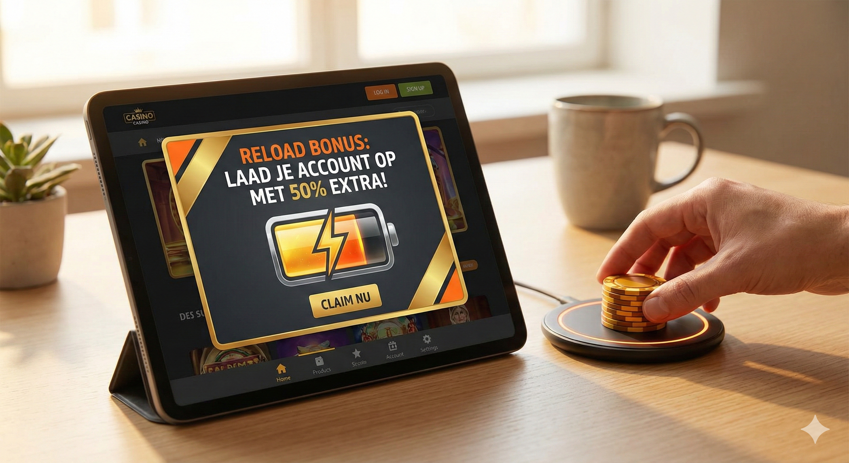 Reloadbonus bij online casino op tablet, met 50% extra stortingsbonus, casinofiches en hand die munten plaatst op tafel.