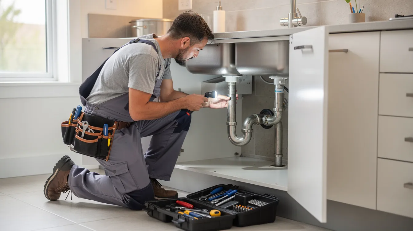 A licensed plumber is inspecting pipes beneath a kitchen sink in a residential home, ensuring efficient plumbing services and addressing any potential water leaks. The professional's thorough examination highlights the importance of reliable plumbing for homeowners in the surrounding communities.