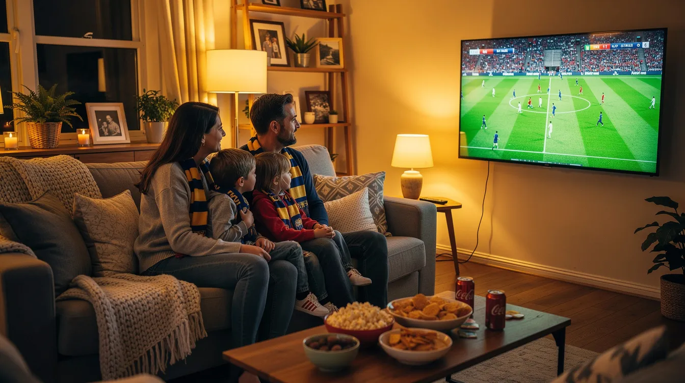 A family is gathered in a cozy living room, enjoying a football match on a large television screen, creating a lively atmosphere for everyone. They are engaged and cheering, showcasing the excitement of watching sports together, which can be easily accessed through IPTV services for the best viewing experience.
