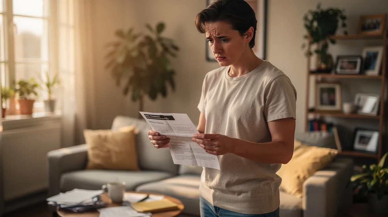d05e3dc2 cd83 4ec8 826d 1a3729b4305b A worried person is sitting at home, holding a letter that likely pertains to financial matters, possibly related to a loan, such as a notice about a borrower's debt or the potential risks of defaulting on a personal loan. The expression on their face suggests they are considering the implications of being a loan guarantor and the associated responsibilities that come with it.